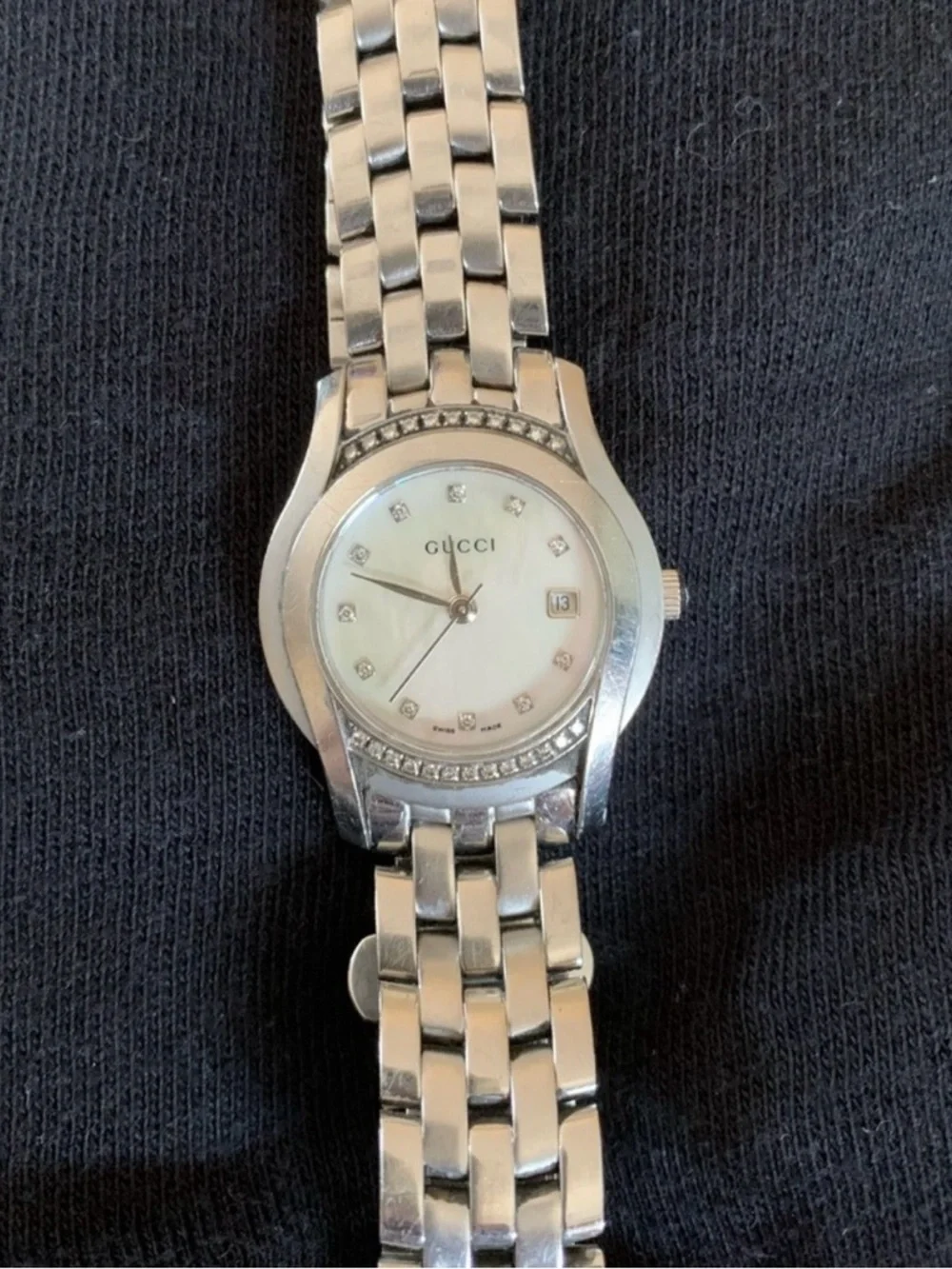 Gucci Silver Women's Watch with Mother-of-Pearl Dial and Diamond Accents